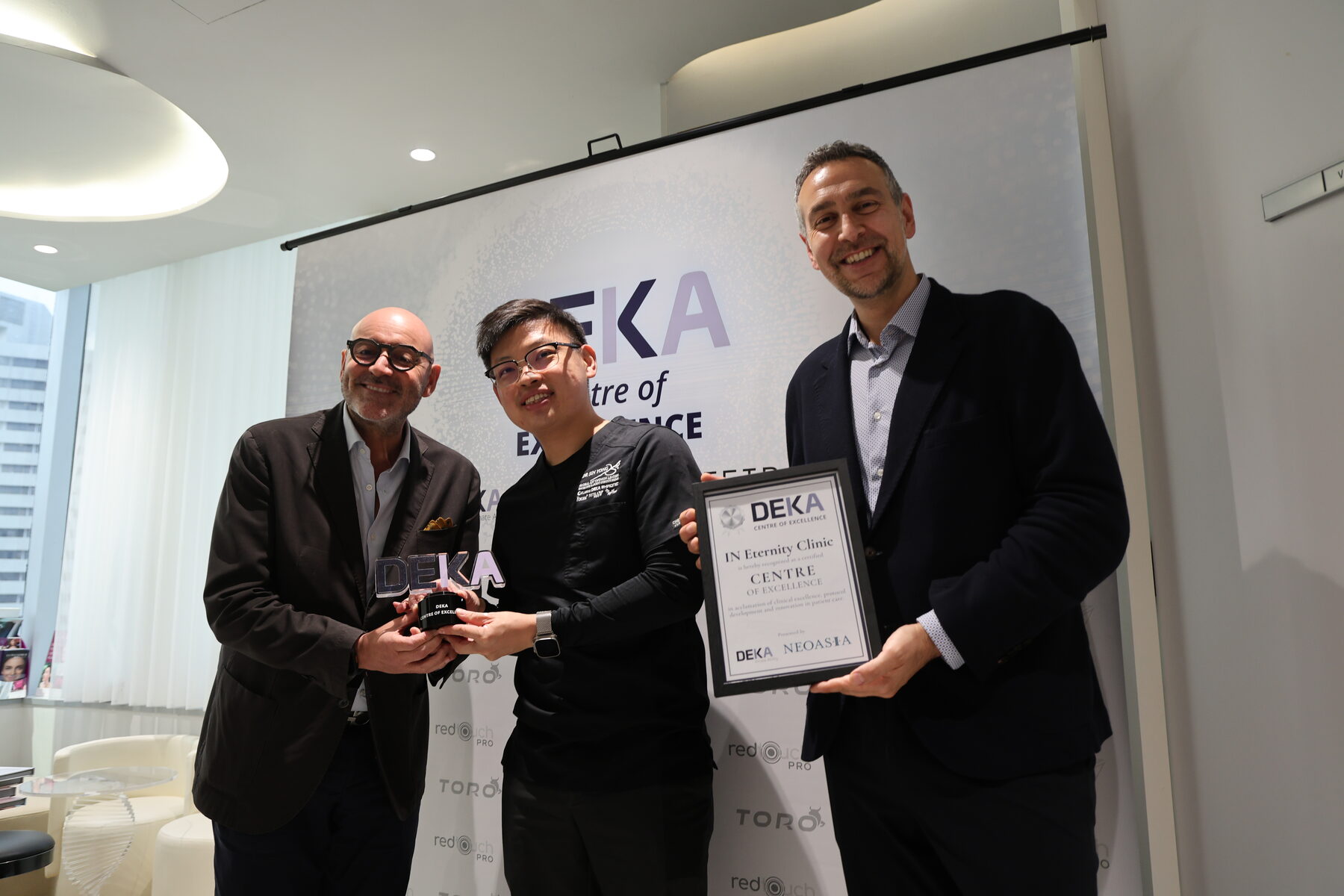 DEKA Centre of Excellence certificate presented to IN Eternity Clinic by DEKA and NeoAsia in July 2026